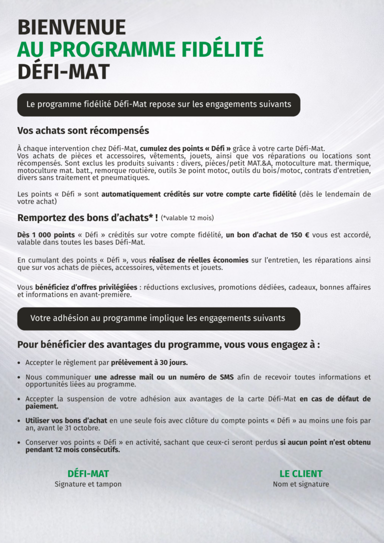 Programme de fidélité Défi-Mat - Aperçu contrat