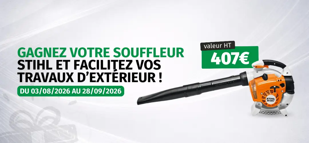 Bannière du jeu concours du programme fidélité Défi-Mat pour gagner un souffleur thermique STIHL BG 86.