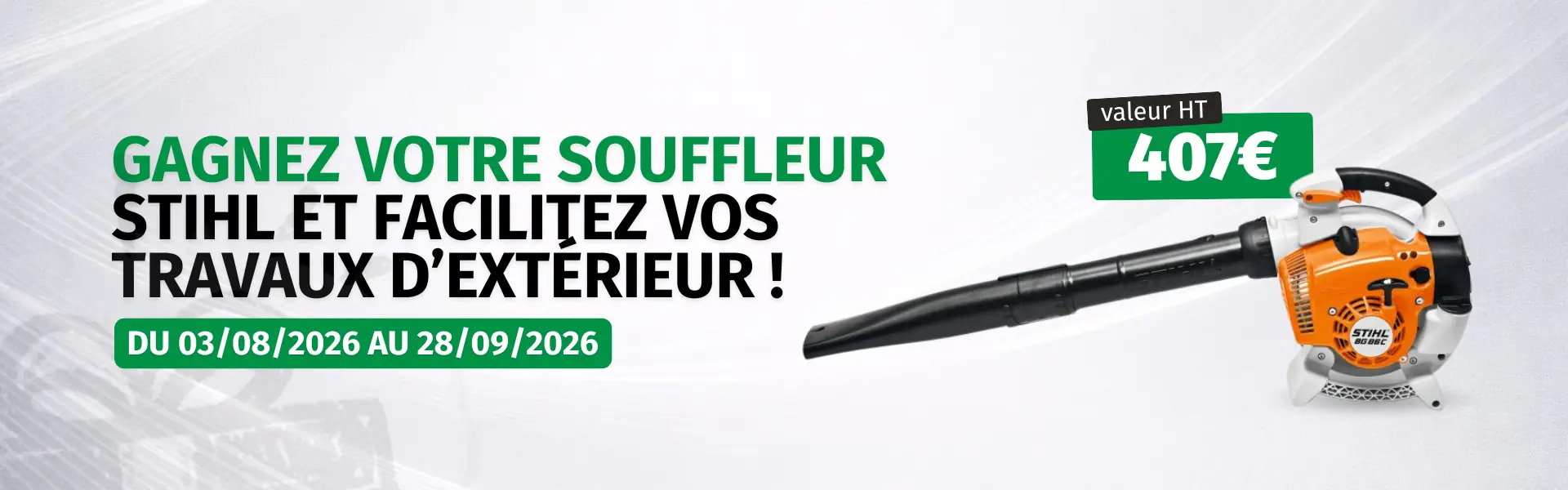 Bannière du jeu concours du programme fidélité Défi-Mat pour gagner un souffleur thermique STIHL BG 86.