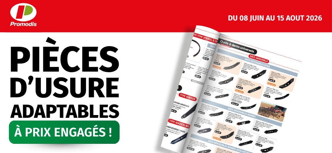 Pièces d'usure adaptables pour matériel agricole Promodis : socs de charrue, dents de déchaumeur, pointes, lames, couteaux et pièces de travail du sol à prix engagés