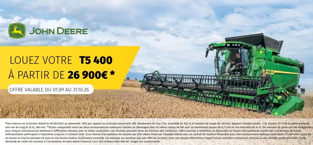 Offre exceptionnelle John Deere location moissonneuse T5 400- Sommet de l'élevage Défi-Mat