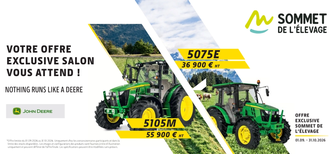 Offres exceptionnelles John Deere sur les tracteurs 5105M et 5075E chez Défi-Mat à l’occasion du Sommet de l’Élevage